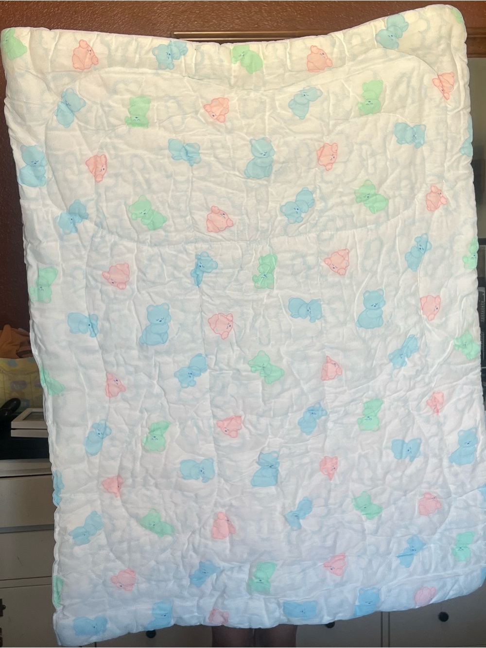 Vtg Cuddle Time Baby Blanket White Puffed Quilted Sleeping Teddy Bear on Clouds